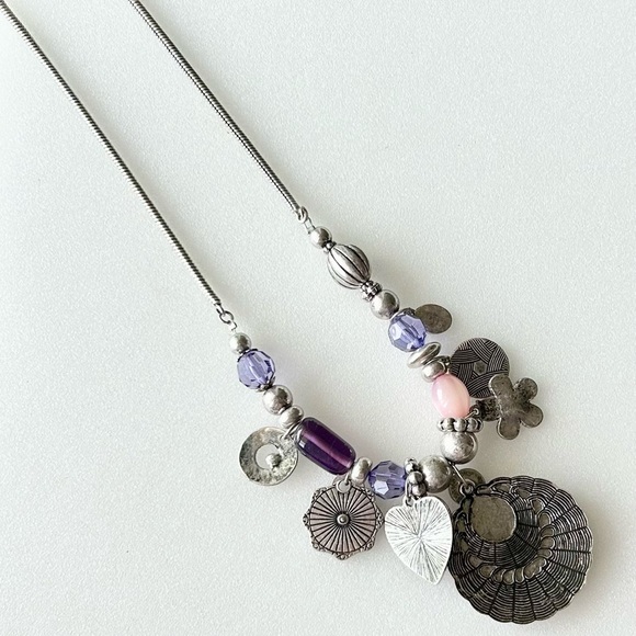 Tribal Sterling Silver Bib Necklace Purple Blue Pink Red Charms Snake Link 12” - Picture 6 of 11